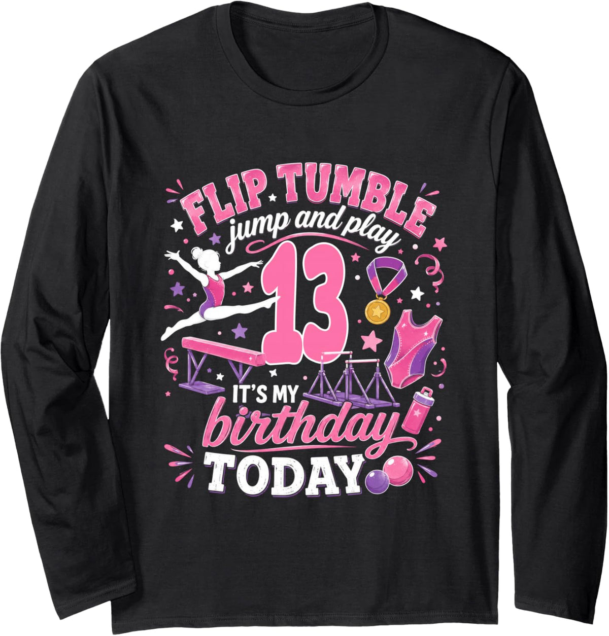 Gymnastics Lover 13 Year Old Birthday Girl Party 13th Long Sleeve T-Shirt - Adult Unisex Black