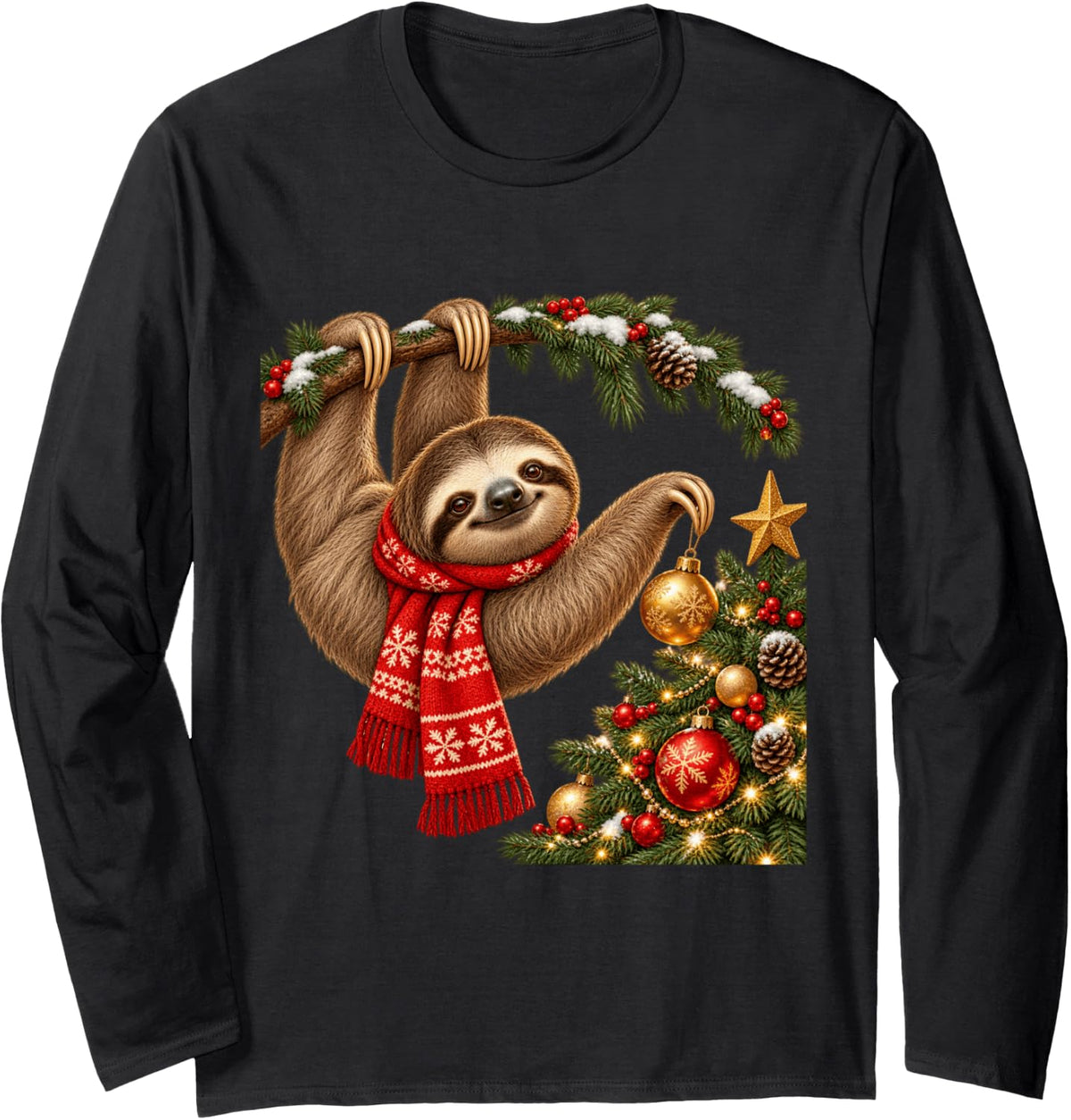 Cute Christmas Sloth Hanging on Tree Funny Holiday Long Sleeve T-Shirt - Adult Unisex Black