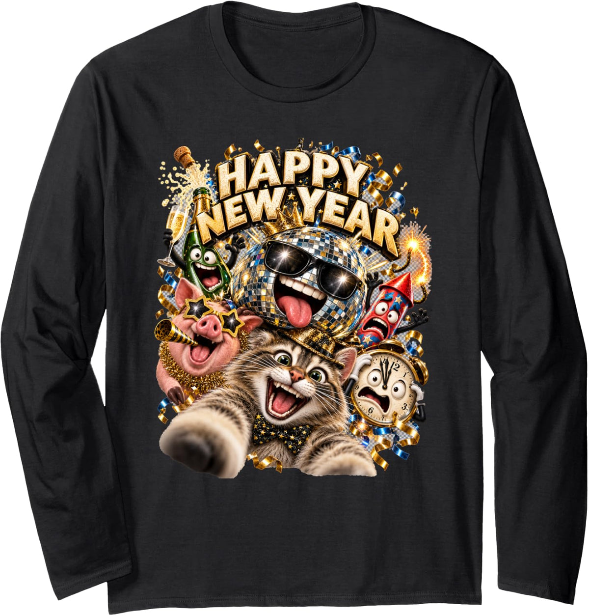Happy New Year Cat Selfie Giant Disco Ball Party Art Long Sleeve T-Shirt - Adult Unisex Black