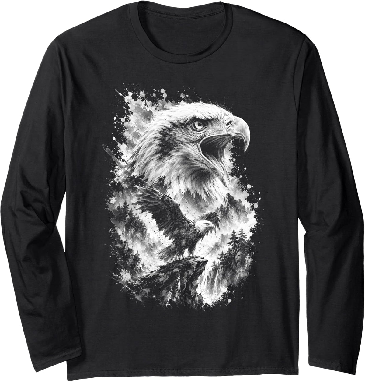 Bald Eagle Portrait Drawing Style Black White Long Sleeve T-Shirt - Adult Unisex Black