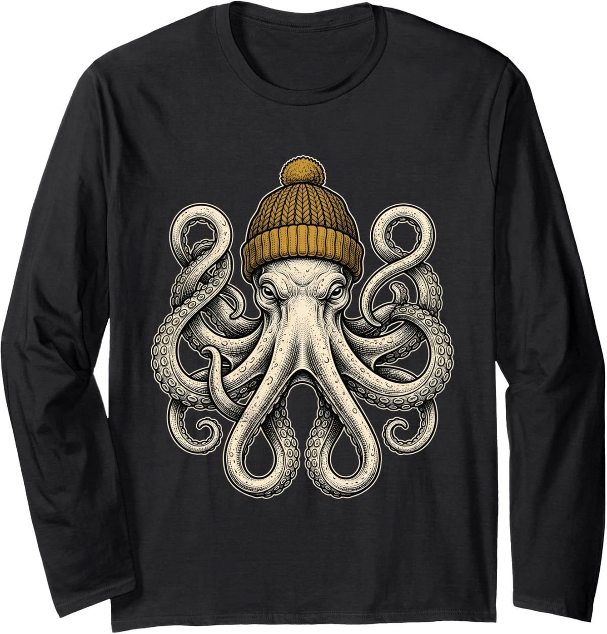 Octopus Wearing Beanie Winter Octopus Marine Biology Ocean Long Sleeve T-Shirt - Adult Unisex Black