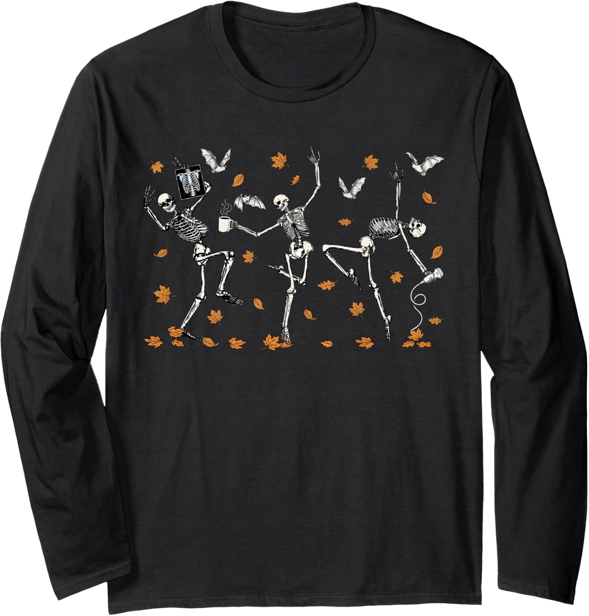 Radiology Skeleton Dancing with Leaf Fall Rad Tech Halloween Long Sleeve T-Shirt - Adult Unisex Black