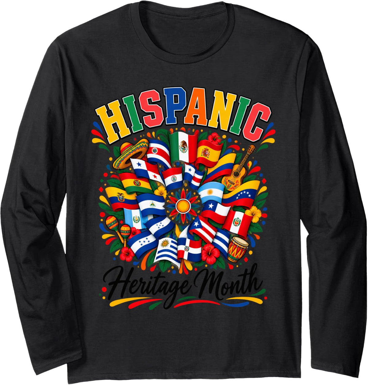 Hispanic Heritage Month Flags Latino Countries Pride Art Long Sleeve T-Shirt - Adult Unisex Black