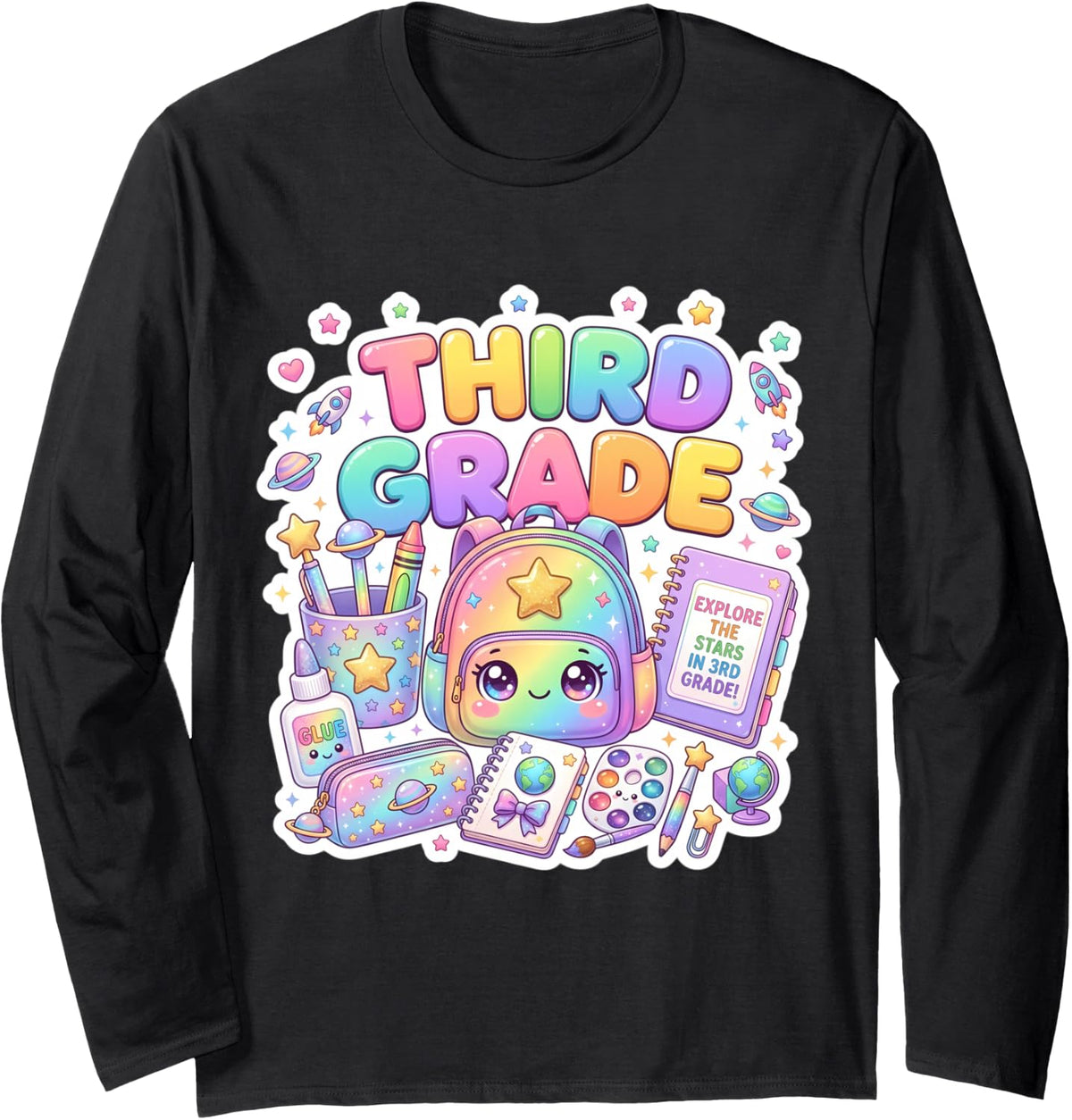 Cute Backpack 3rd Third Grade Back to School Girl Teacher Long Sleeve T-Shirt - Adult Unisex Black