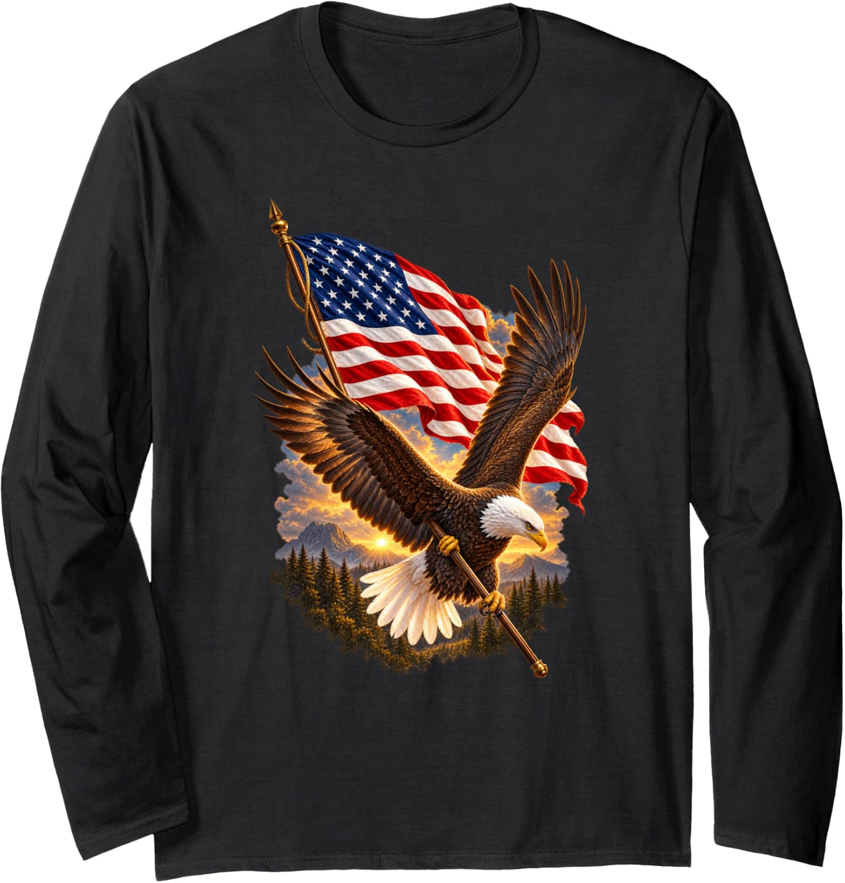 Patriotic Bald Eagle Soaring American Flag USA Mountains Long Sleeve T-Shirt - Adult Unisex Black