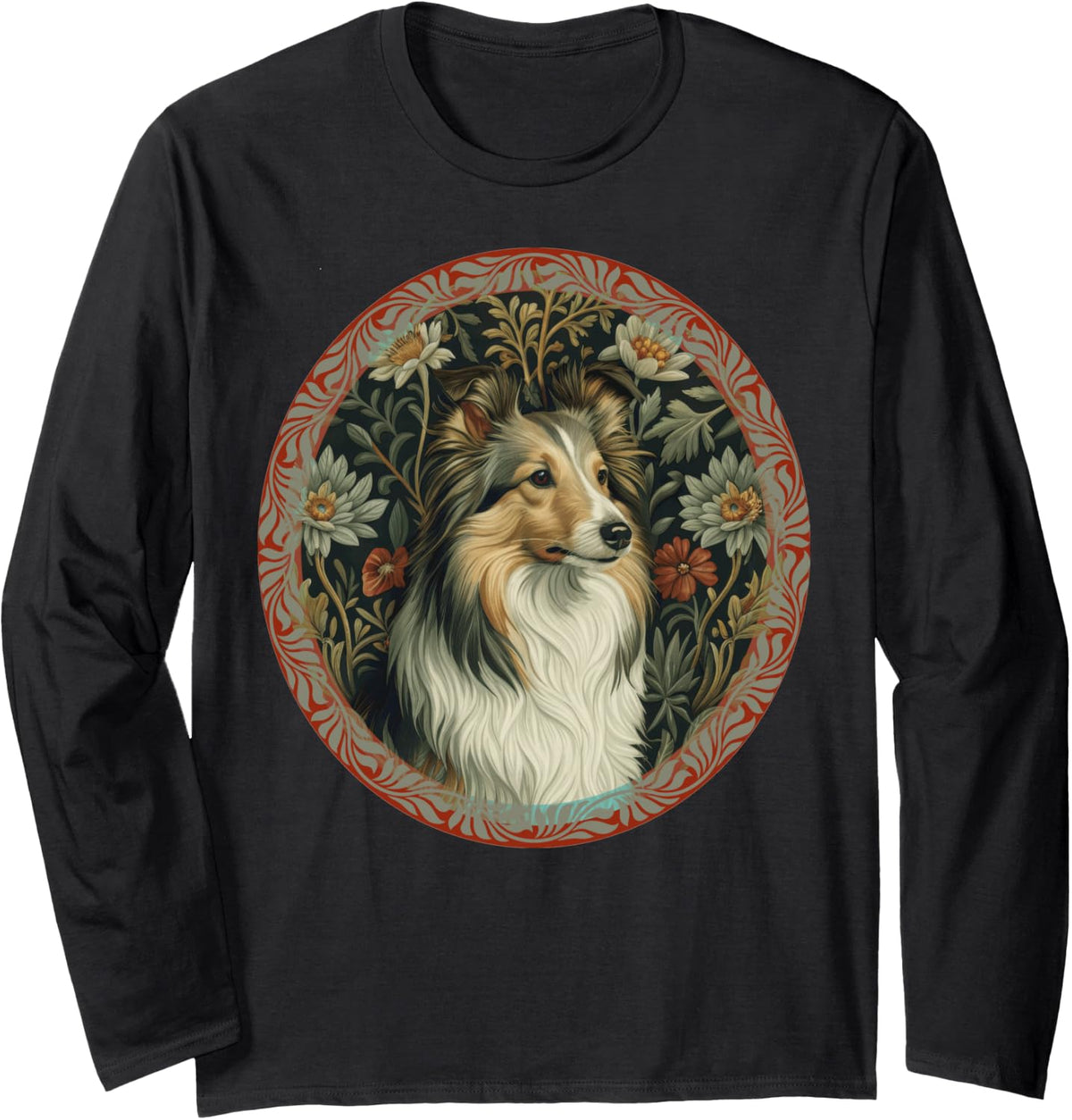 Shetland Sheepdog Vintage Floral Sheltie Long Sleeve T-Shirt - Adult Unisex Black