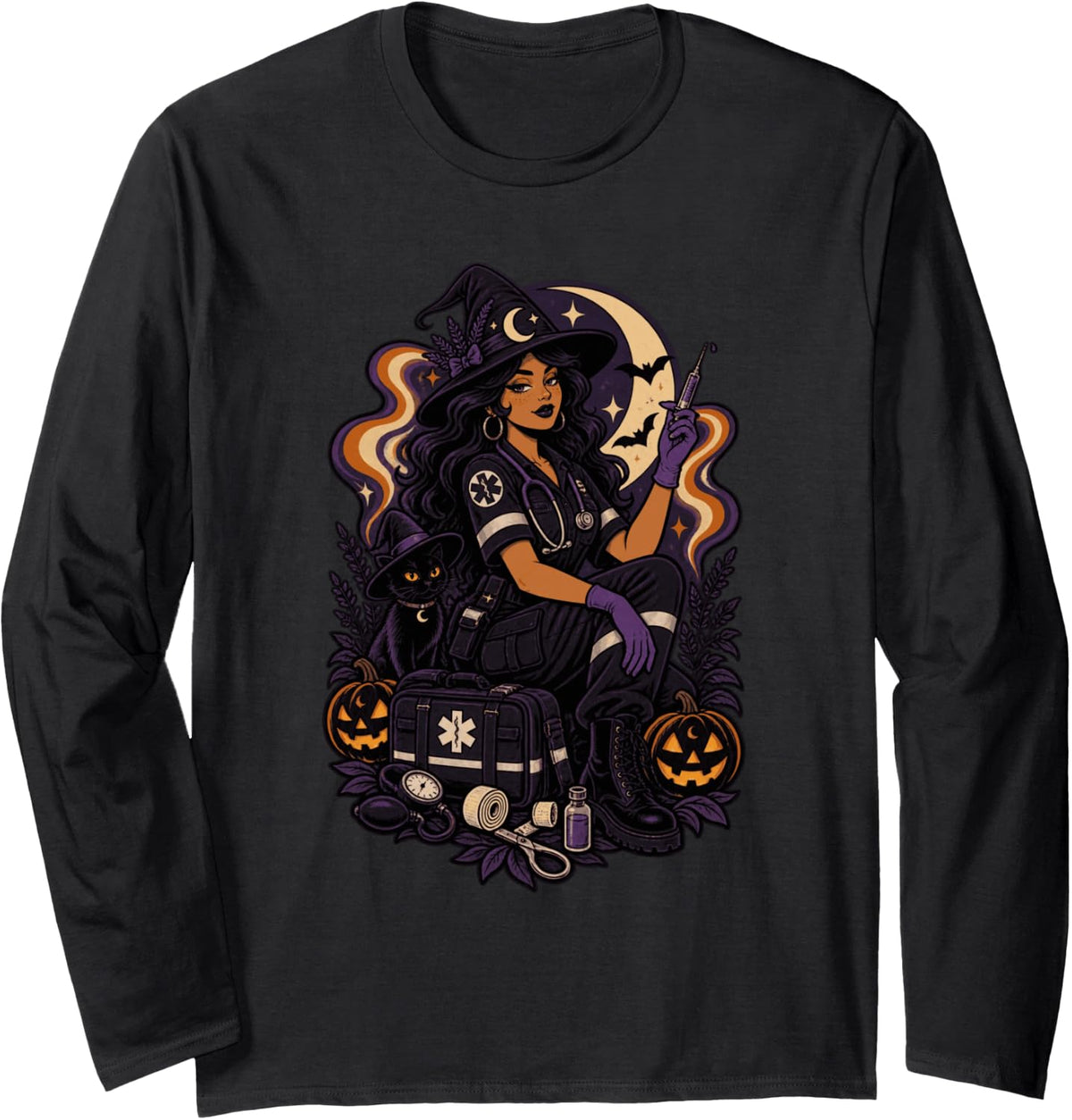 Halloween Paramedic Witch EMT Spooky Medical Long Sleeve T-Shirt - Adult Unisex Black