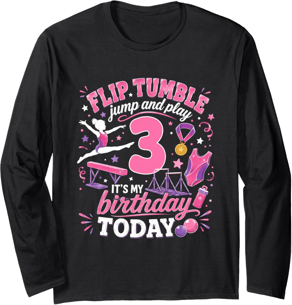 Gymnastics Lover 3 Year Old Birthday Girl Party 3rd Long Sleeve T-Shirt - Adult Unisex Black