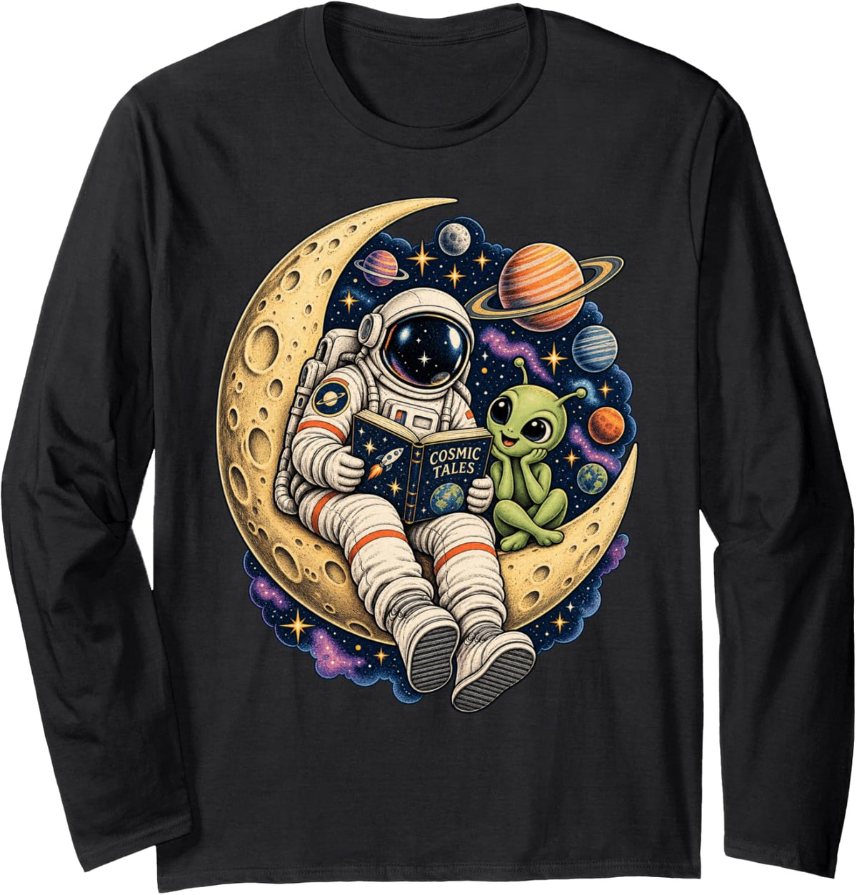 Astronaut Reading with Alien Moon Space Cosmic Adventure Long Sleeve T-Shirt - Adult Unisex Black
