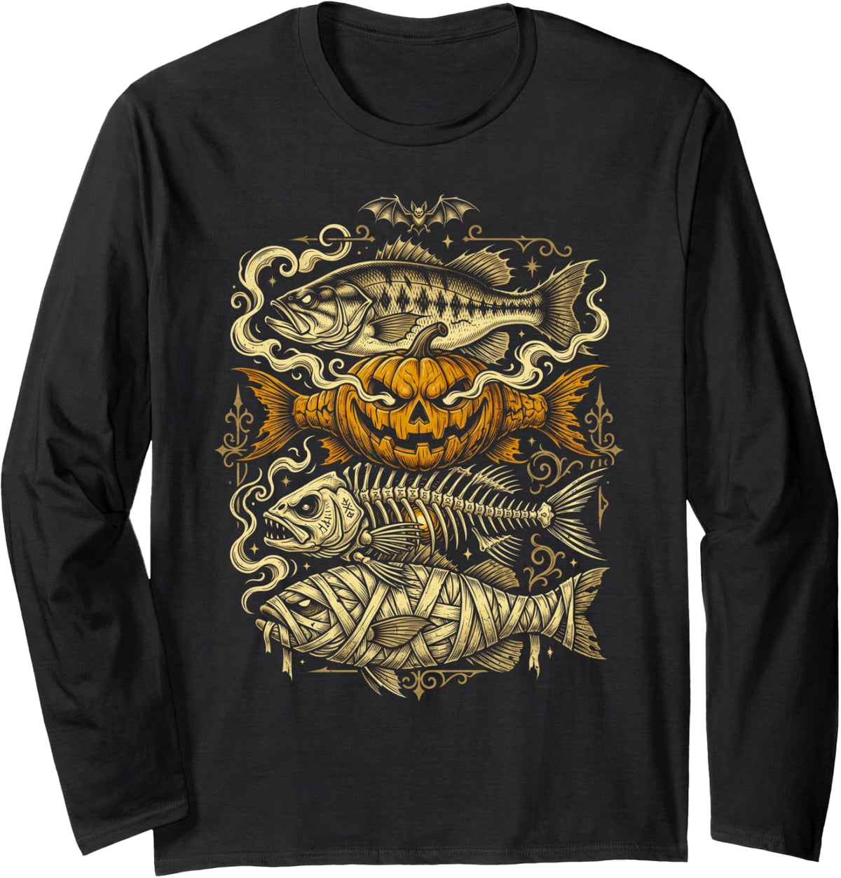 Funny Halloween Trout Fish Ghost Pumpkin Skeleton Mummy Long Sleeve T-Shirt - Adult Unisex Black