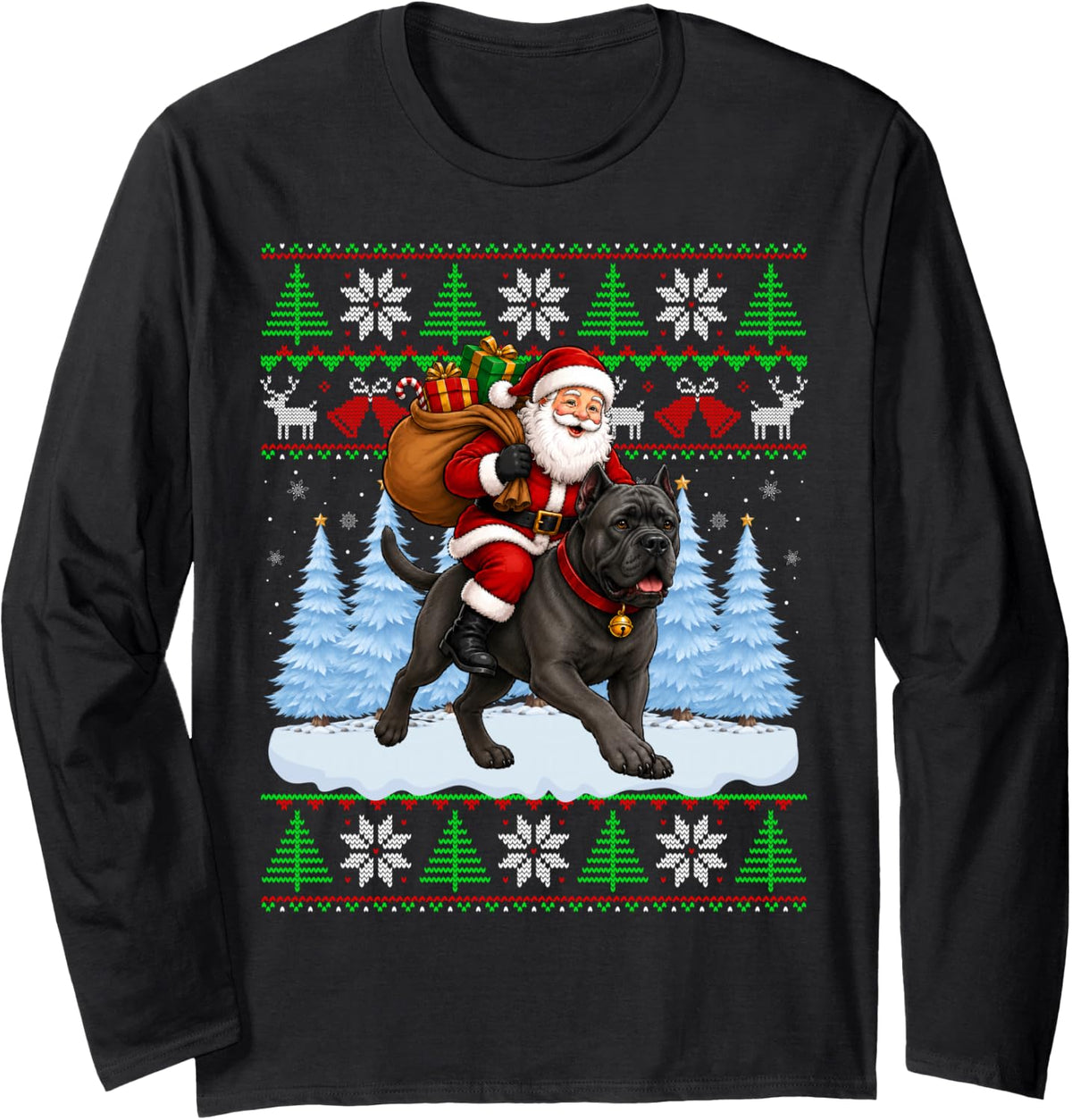 Ugly Xmas Funny Santa Riding Cane Corso Dog Christmas Long Sleeve T-Shirt - Adult Unisex Black