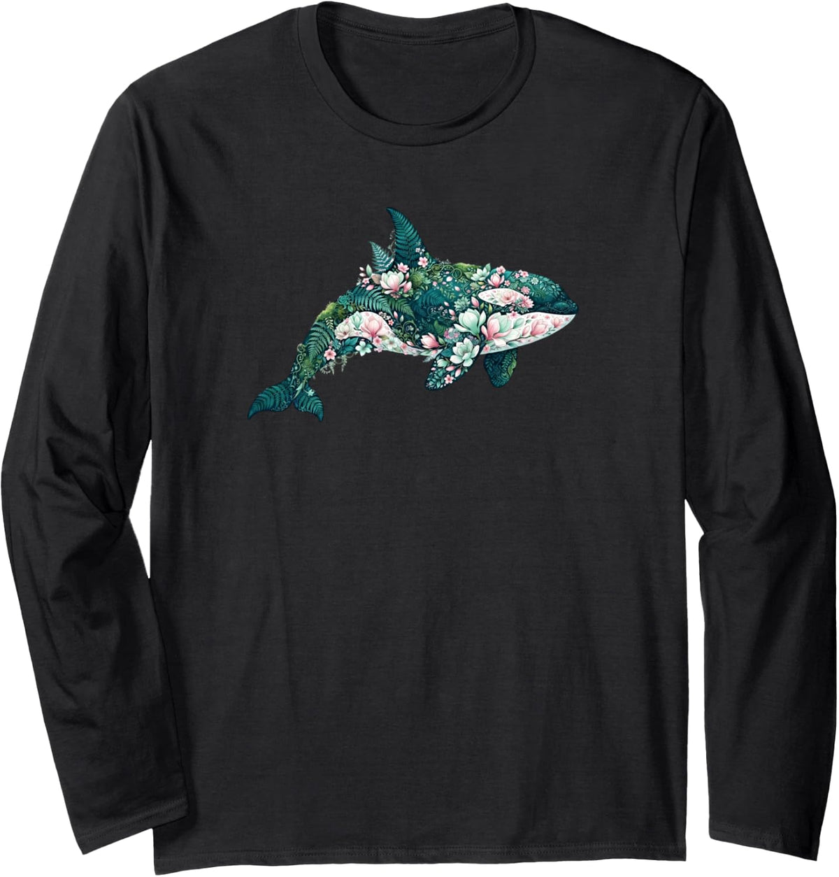 Floral Orca Whale Botanical Aesthetic Long Sleeve T-Shirt - Adult Unisex Black