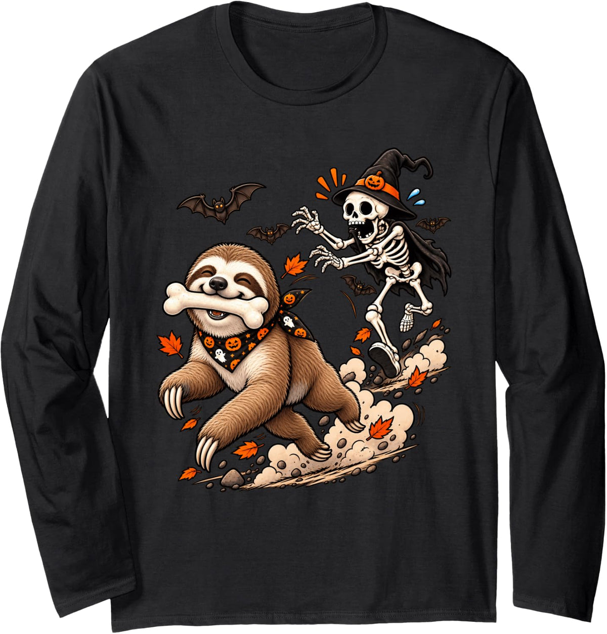 Funny Sloth Chased by Witch Skeleton Halloween Men Women Long Sleeve T-Shirt - Adult Unisex Black
