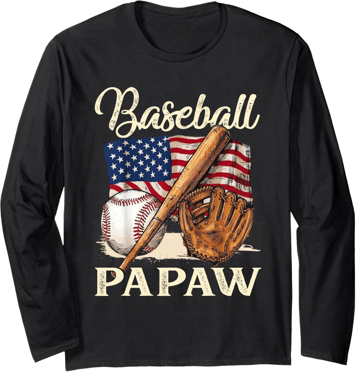 American Flag Baseball Papaw Baseball Player Lover Long Sleeve T-Shirt - Adult Unisex Black