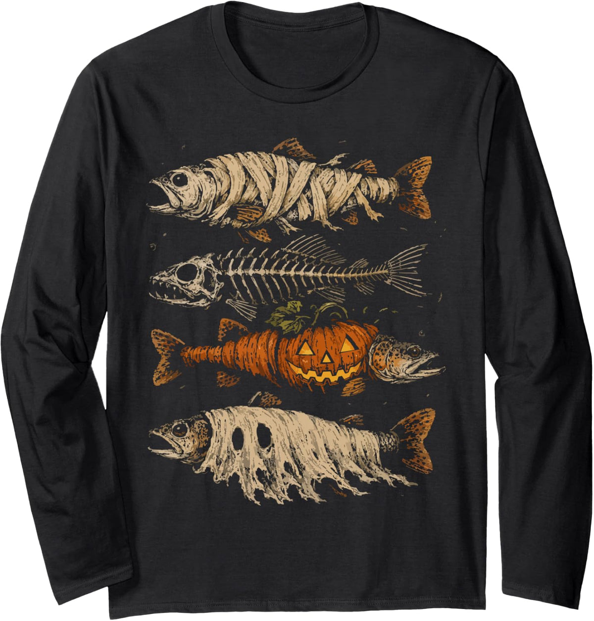 Halloween Trout Fish Ghost Pumpkin Skeleton Mummy Long Sleeve T-Shirt - Adult Unisex Black
