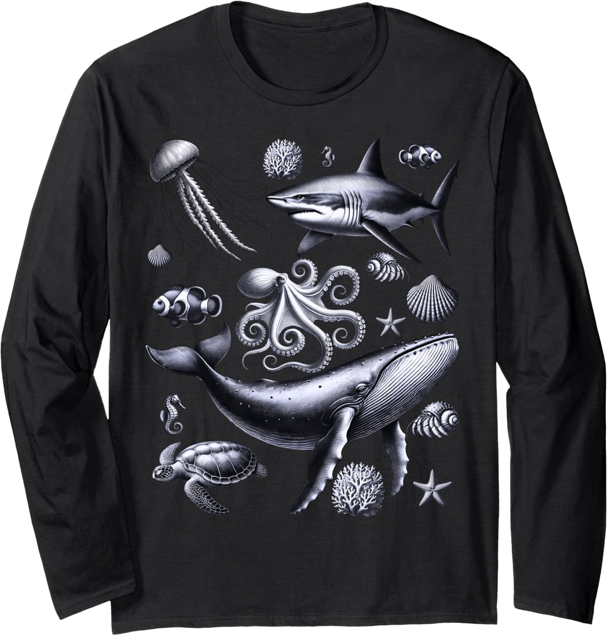 Ocean Animals Tee Shark Whale Turtle Oceanography Graphic Long Sleeve T-Shirt - Adult Unisex Black