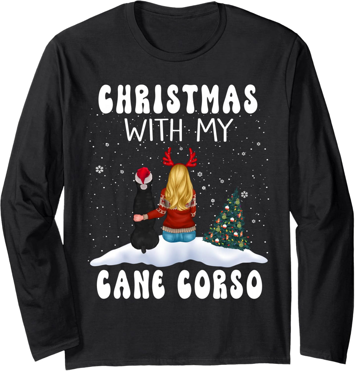 Christmas with My Cane Corso Dog Puppy Funny Xmas Long Sleeve T-Shirt - Adult Unisex Black