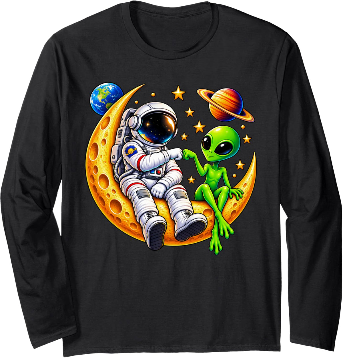 Astronaut Alien Friends Moon Space Cosmic Friendship Galaxy Long Sleeve T-Shirt - Adult Unisex Black
