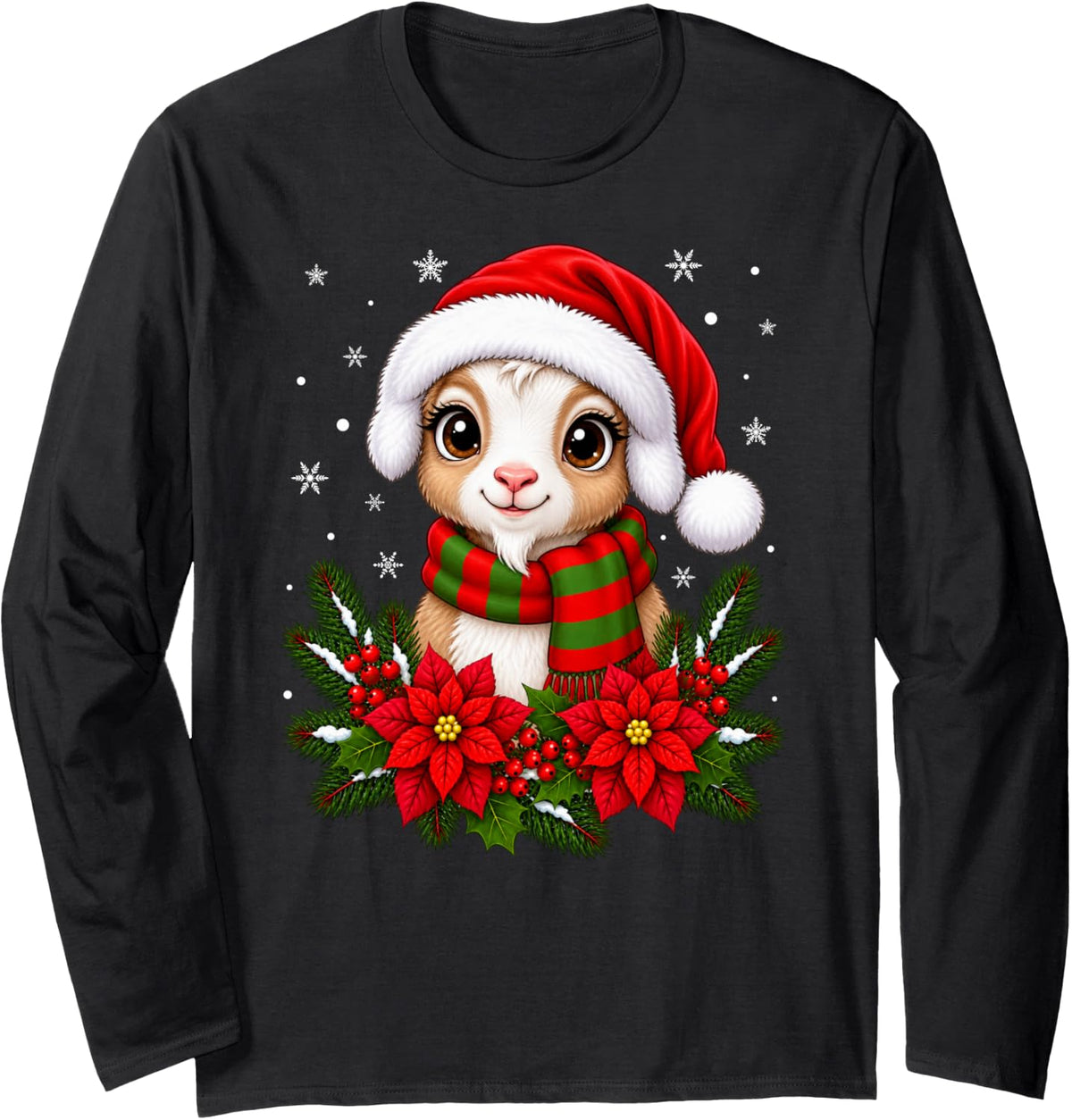 Cute Goat Animal Festive Flowers Santa Hat Goat Christmas Long Sleeve T-Shirt - Adult Unisex Black