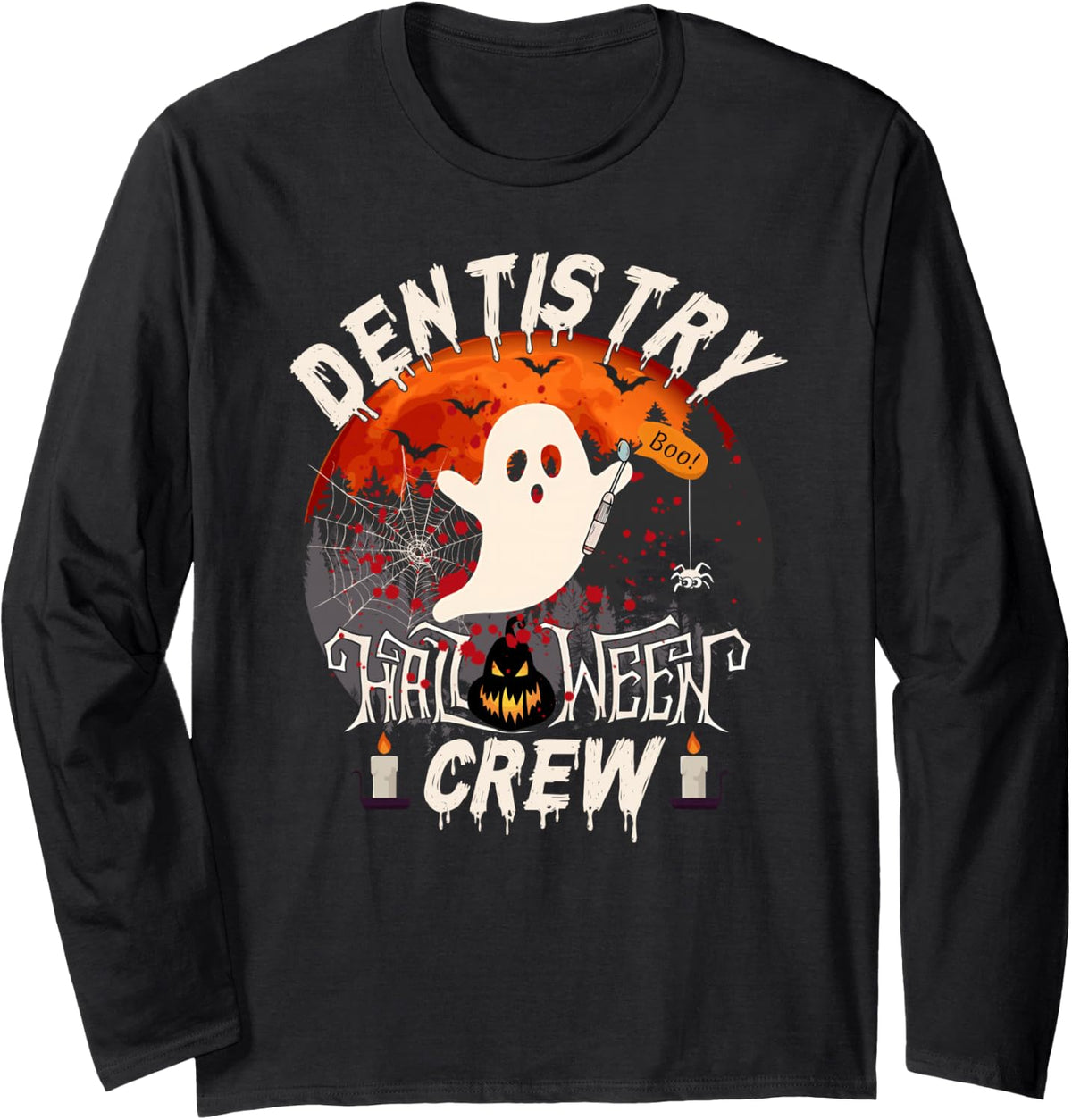 Spooky Dentistry Boo Crew Dentist Halloween Matching Long Sleeve T-Shirt - Adult Unisex Black