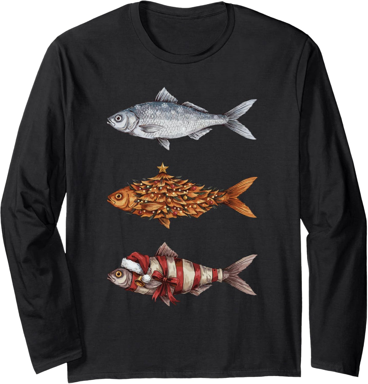 Christmas Fish Trout Snow Long Sleeve T-Shirt - Adult Unisex Black