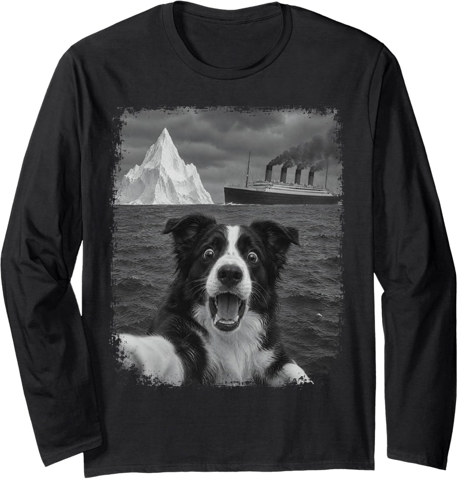 Border Collie Selfie Rms Titanic Iceberg Dog Lover Funny Long Sleeve T-Shirt - Adult Unisex Black