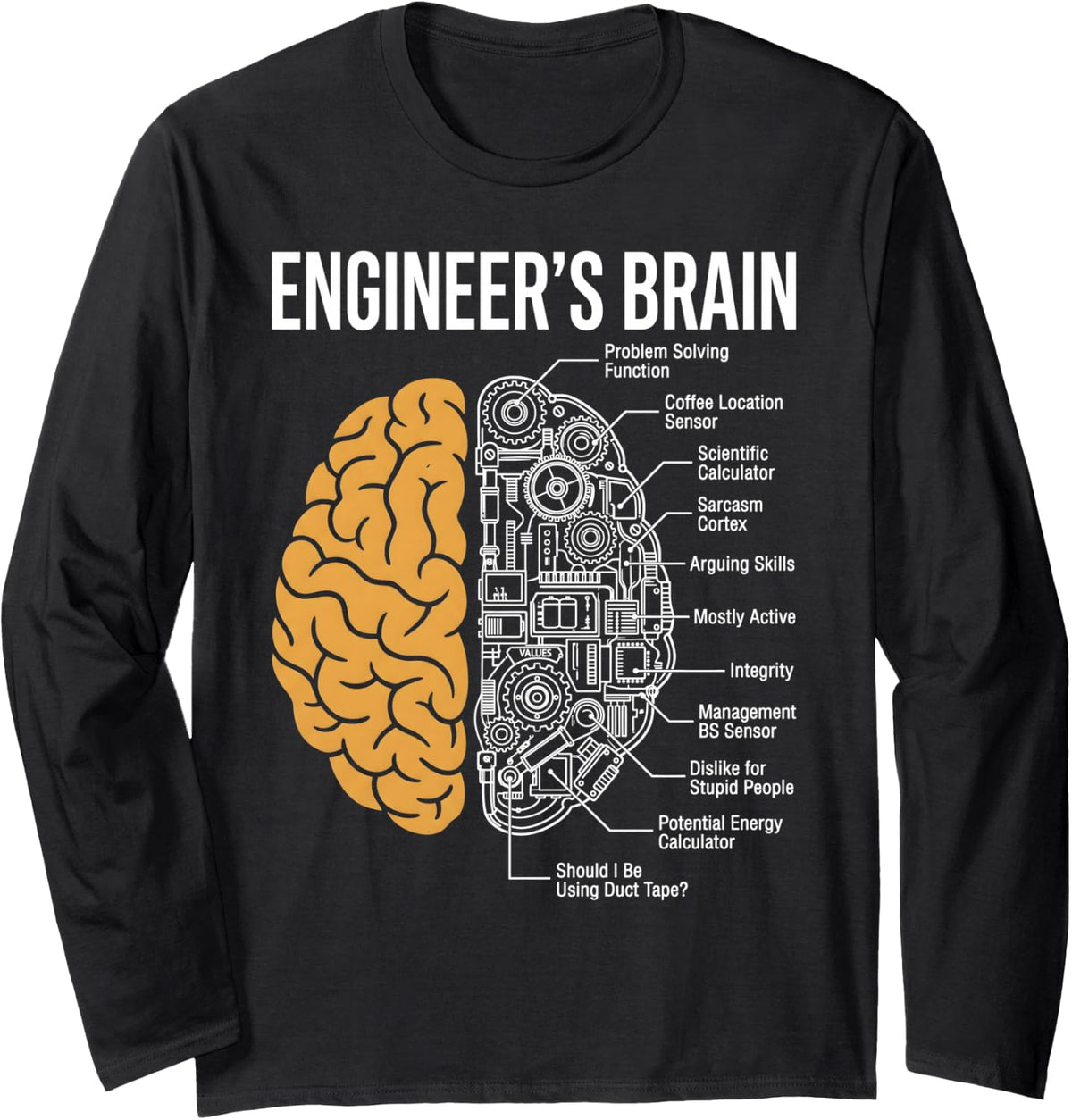 Engineers Brain Funny Mechanical Problem Solving Engineer Long Sleeve T-Shirt - Adult Unisex Black