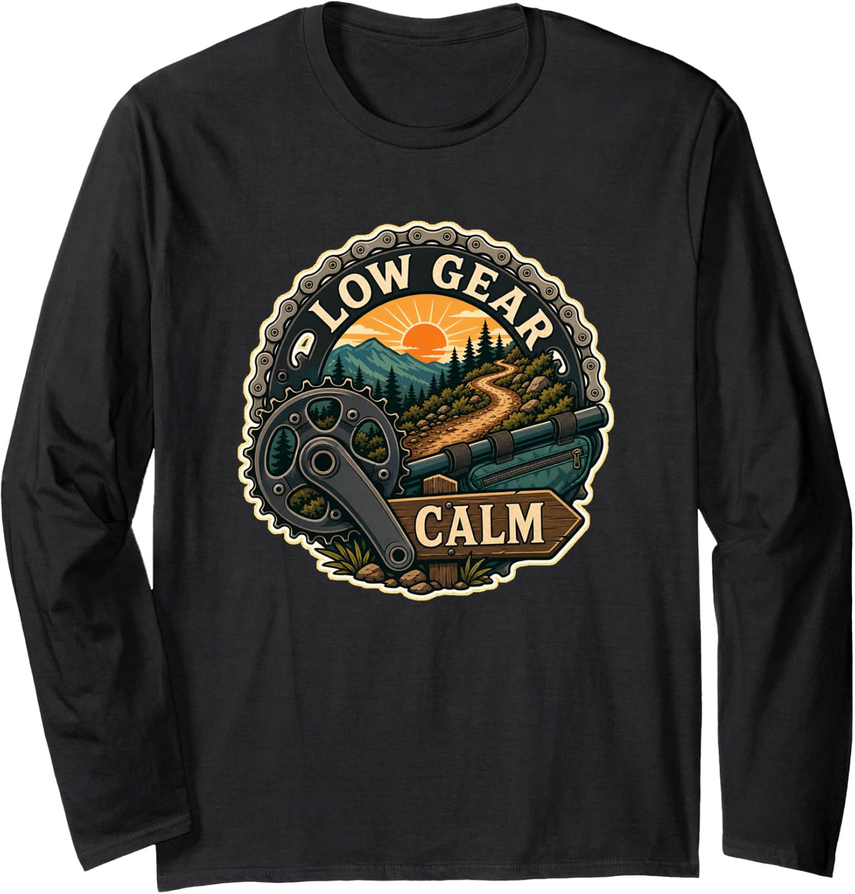 Low Gear Calm Mountain Bike Trail Long Sleeve T-Shirt - Adult Unisex Black