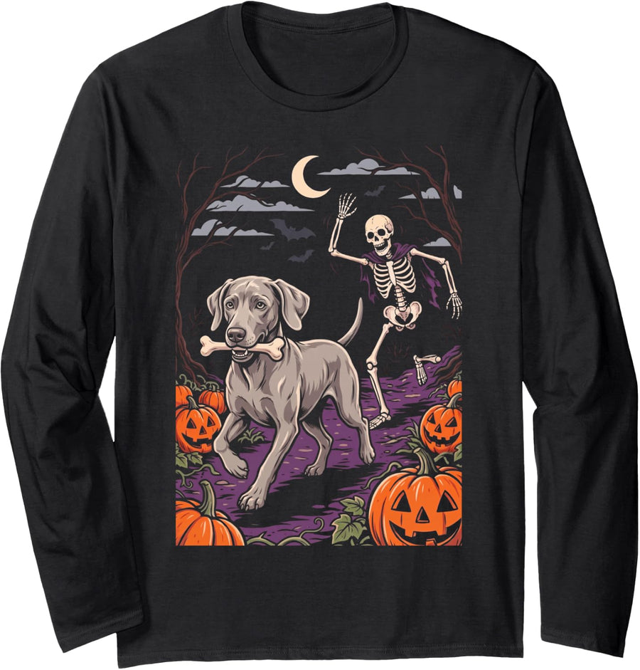 Weimaraner Dog Stealing Bone from Skeleton Halloween Long Sleeve T-Shirt - Adult Unisex Black