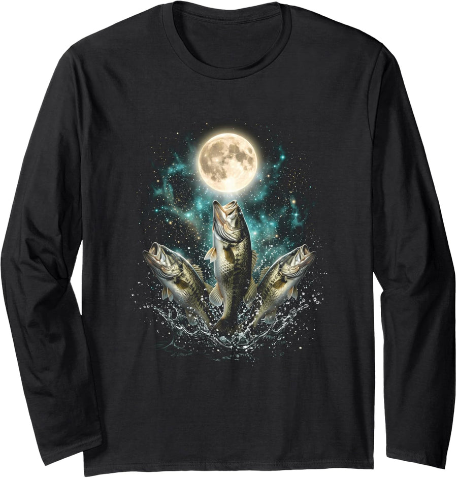 Moonlight Largemouth Bass Fishing Night Lake Angler Fantasy Long Sleeve T-Shirt - Adult Unisex Black