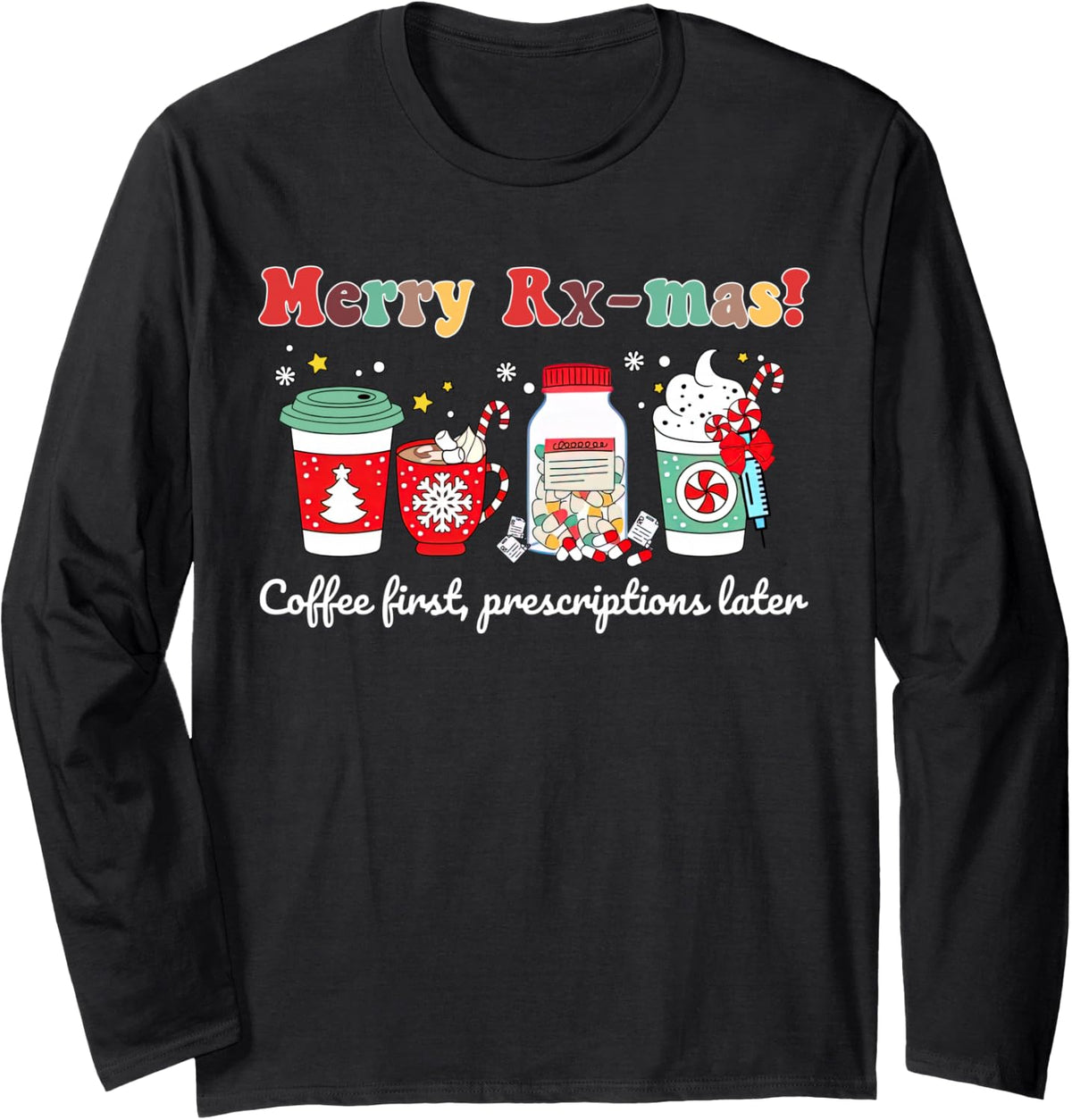 Merry Rx-max Christmas Oncology Pharmacist Pharmacy Tech Long Sleeve T-Shirt - Adult Unisex Black