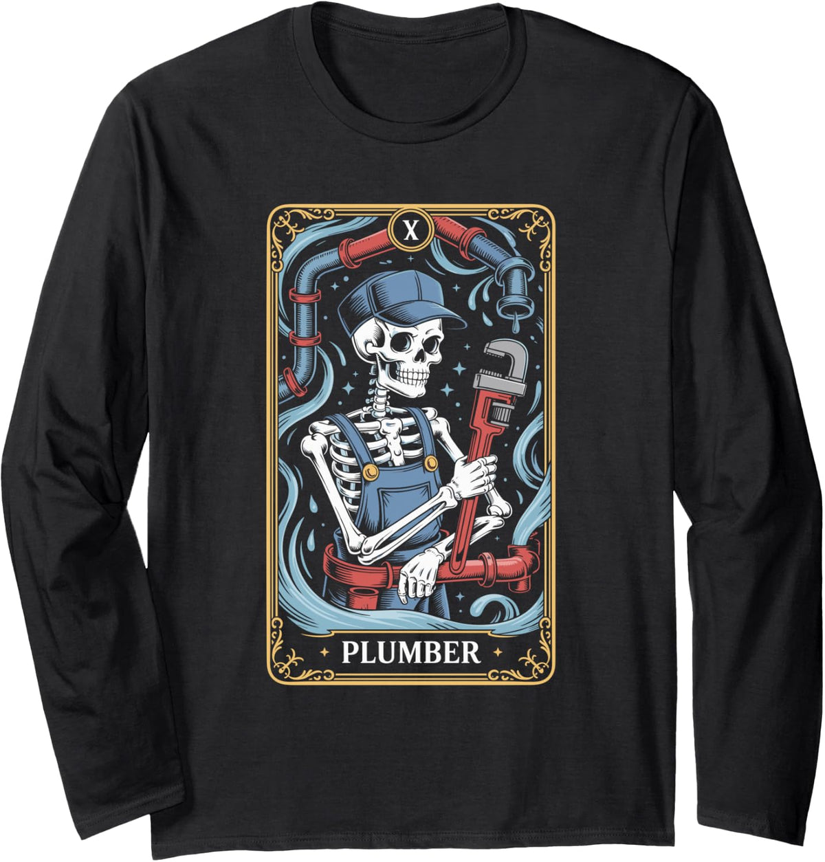 Skeleton Plumber Tarot Card Design Long Sleeve T-Shirt - Adult Unisex Black