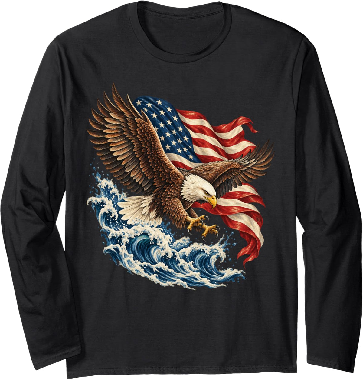 Bald Eagle in Flight with American Flag Waves Long Sleeve T-Shirt - Adult Unisex Black