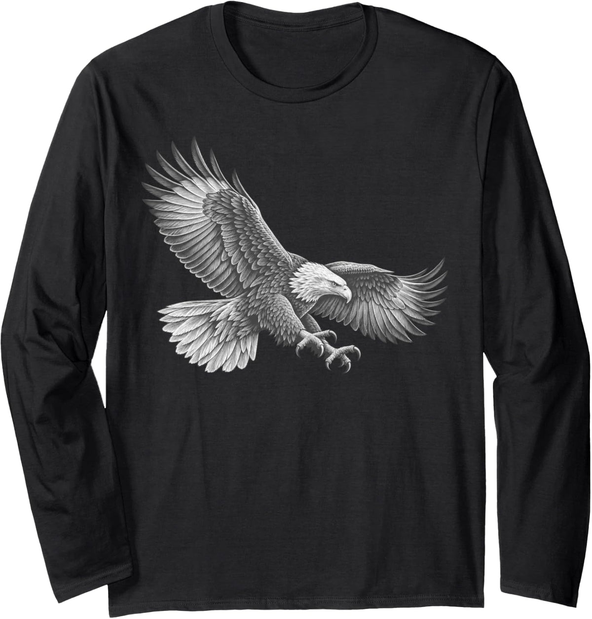Bald Eagle Diving Swoop Engraved Line Art Long Sleeve T-Shirt - Adult Unisex Black