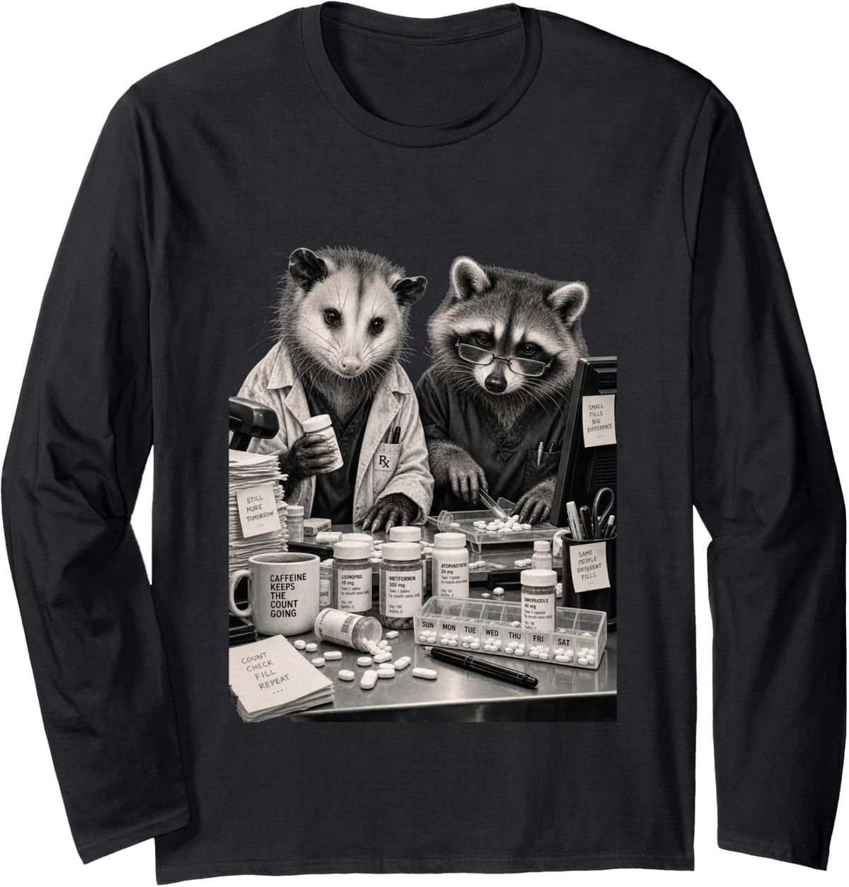 Support Your Local Phrmacy Techs Tshirt Raccoon Pharmacist Long Sleeve T-Shirt - Adult Unisex Black