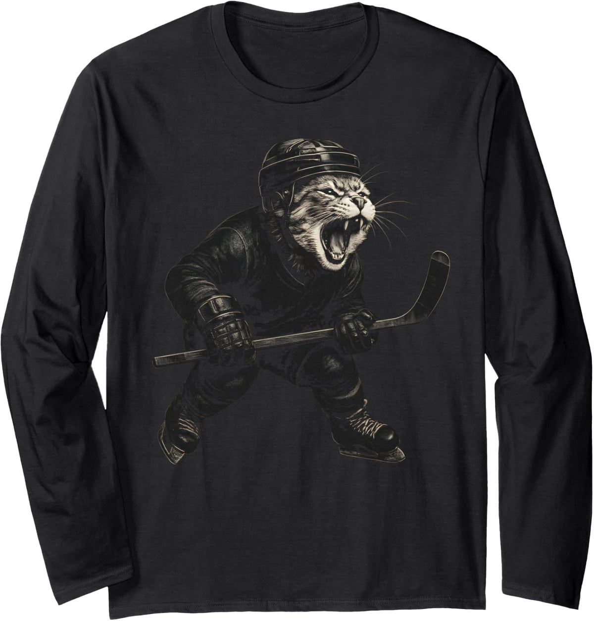Ice Hockey Cat Long Sleeve T-Shirt - Adult Unisex Black