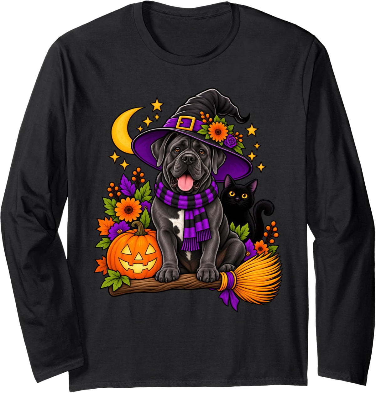 Funny Witch Cane Corso Dog Spooky Women Men Fall Halloween Long Sleeve T-Shirt - Adult Unisex Black