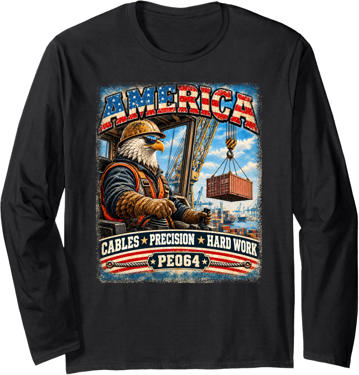 America | Cables Precision Hard Work | Vintage Eagle Crane Long Sleeve T-Shirt - Adult Unisex Black