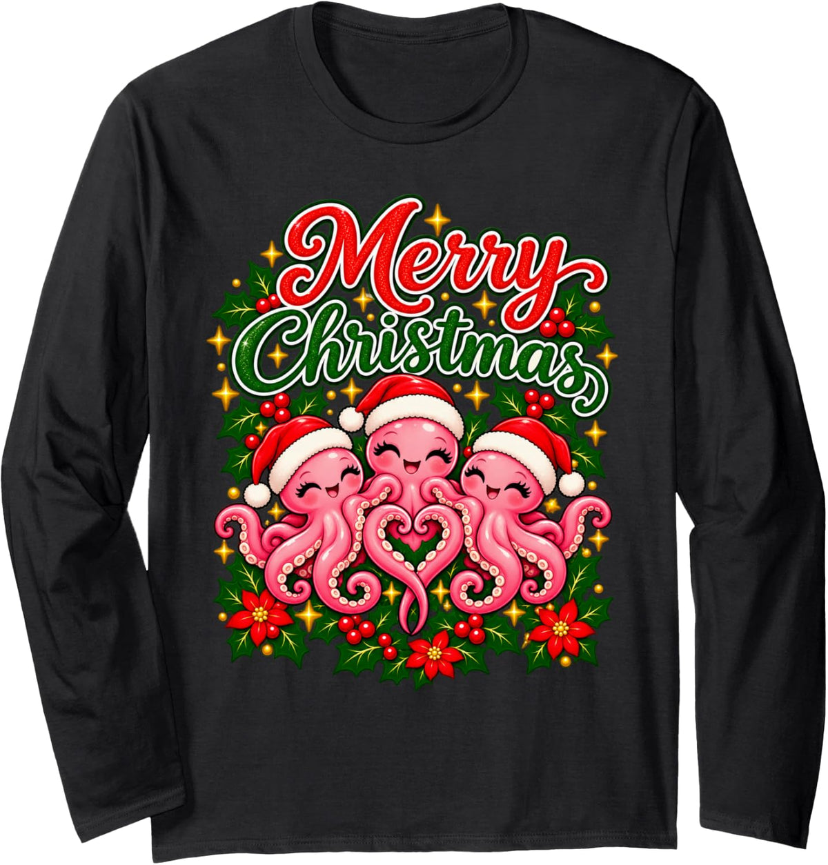 Merry Christmas Octopus Joyful Holiday Heart Men Women Long Sleeve T-Shirt - Adult Unisex Black
