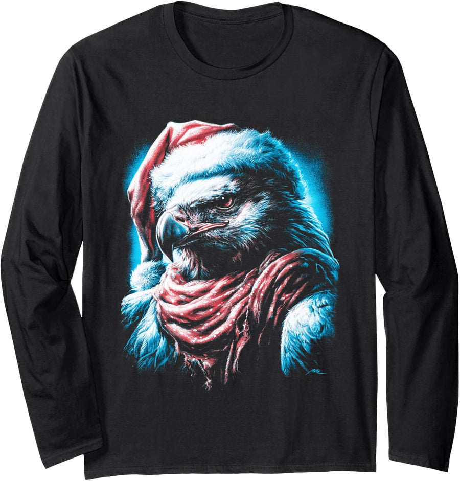 Retro Christmas Bald Eagle with Santa Hat 90s Animal Xmas Long Sleeve T-Shirt - Adult Unisex Black