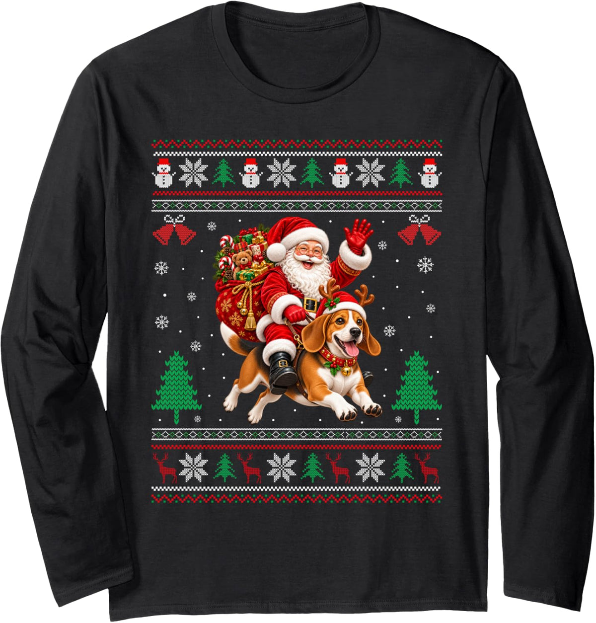 Beagle Ugly Christmas Sweater Santa Riding Dog Xmas Long Sleeve T-Shirt - Adult Unisex Black