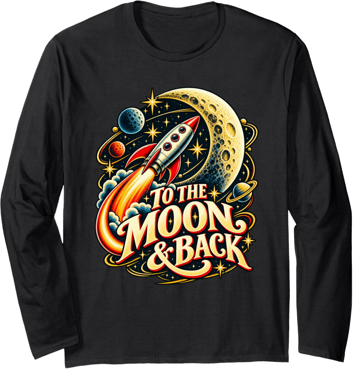 Vintage to The Moon and Back Astronomy Rocket Design Long Sleeve T-Shirt - Adult Unisex Black