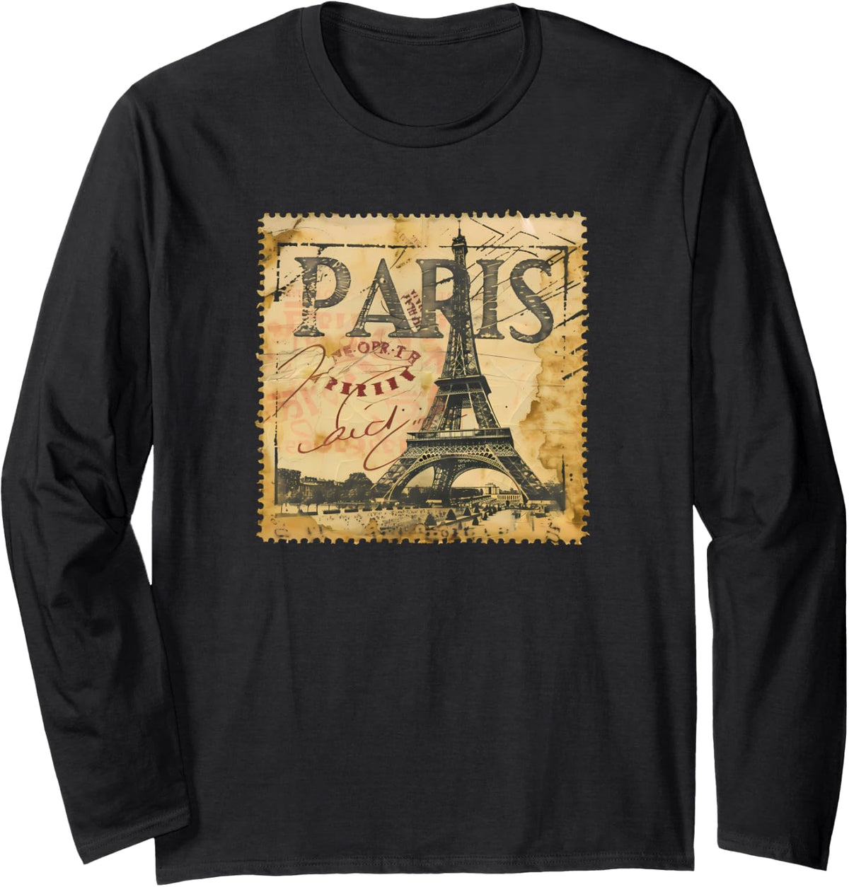 Vintage Paris Eiffel Tower Stamp 5 Long Sleeve T-Shirt - Adult Unisex Black