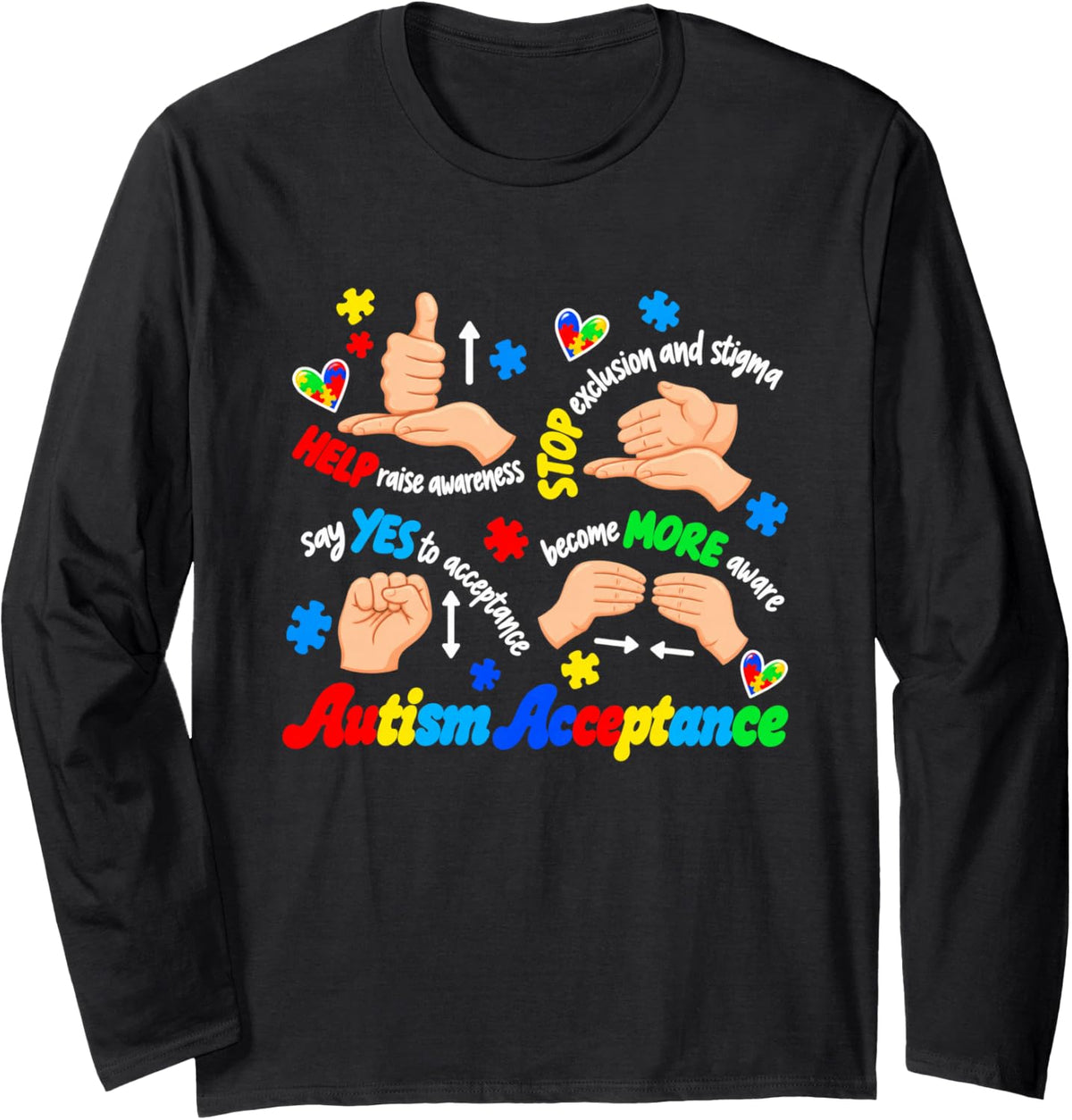 Autism Acceptance ASL Sign Language Awareness Long Sleeve T-Shirt - Adult Unisex Black