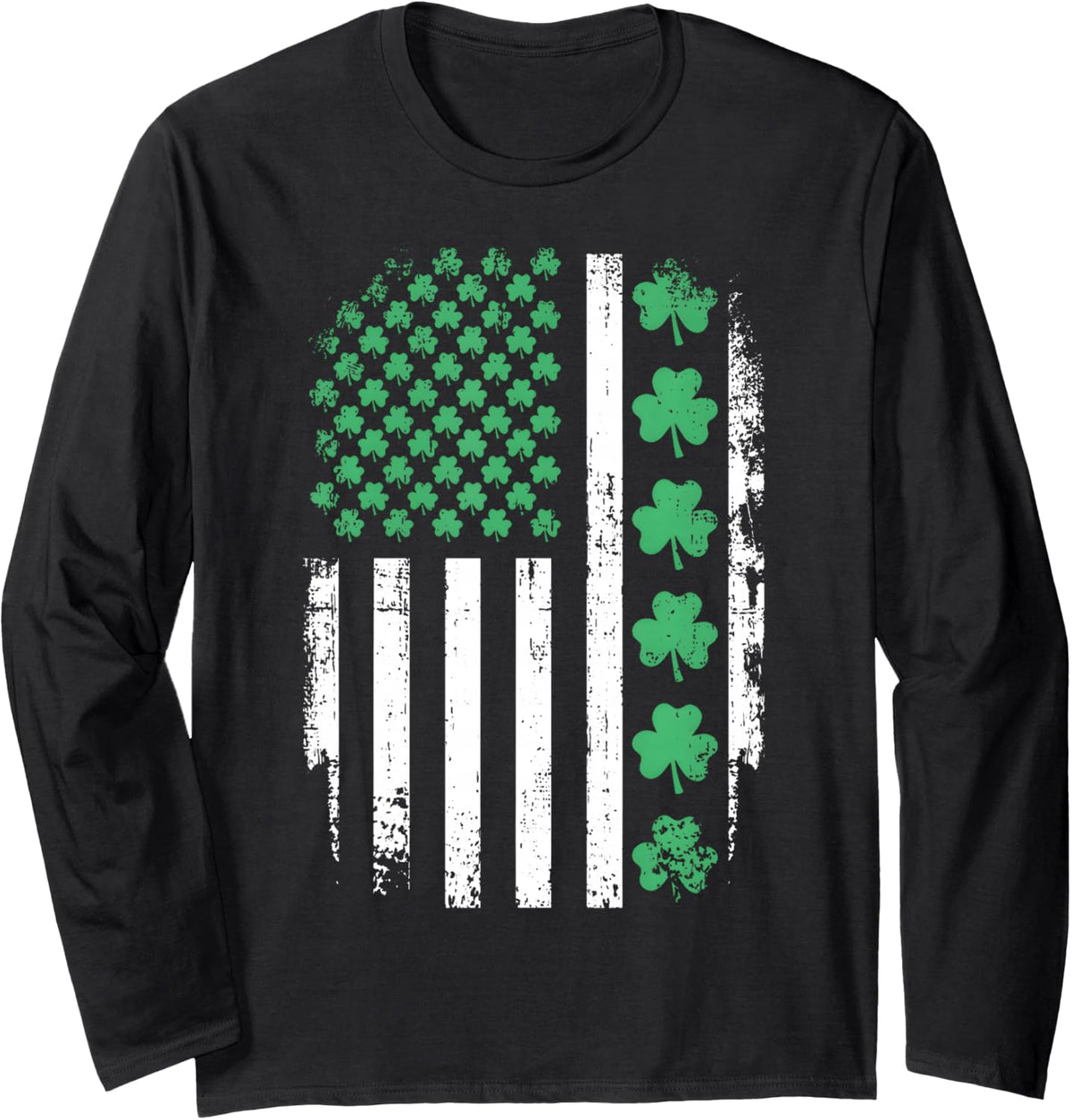 US American Flag with Shamrocks St Patricks Day Long Sleeve T-Shirt - Adult Unisex Black