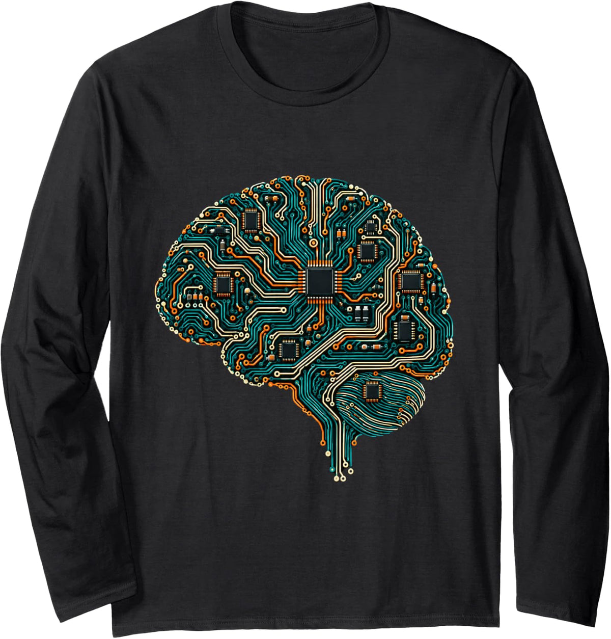 Circuit Board Brain Technology AI Computer Engineering Long Sleeve T-Shirt - Adult Unisex Black