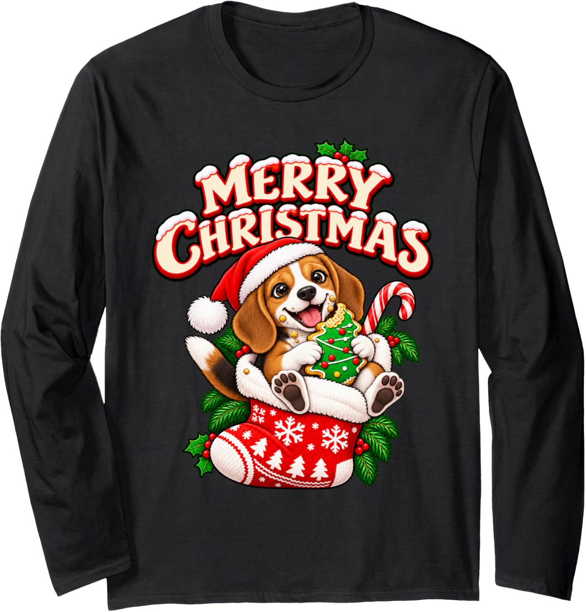 Merry Christmas Happy Beagle Cute Stocking Funny Long Sleeve T-Shirt - Adult Unisex Black