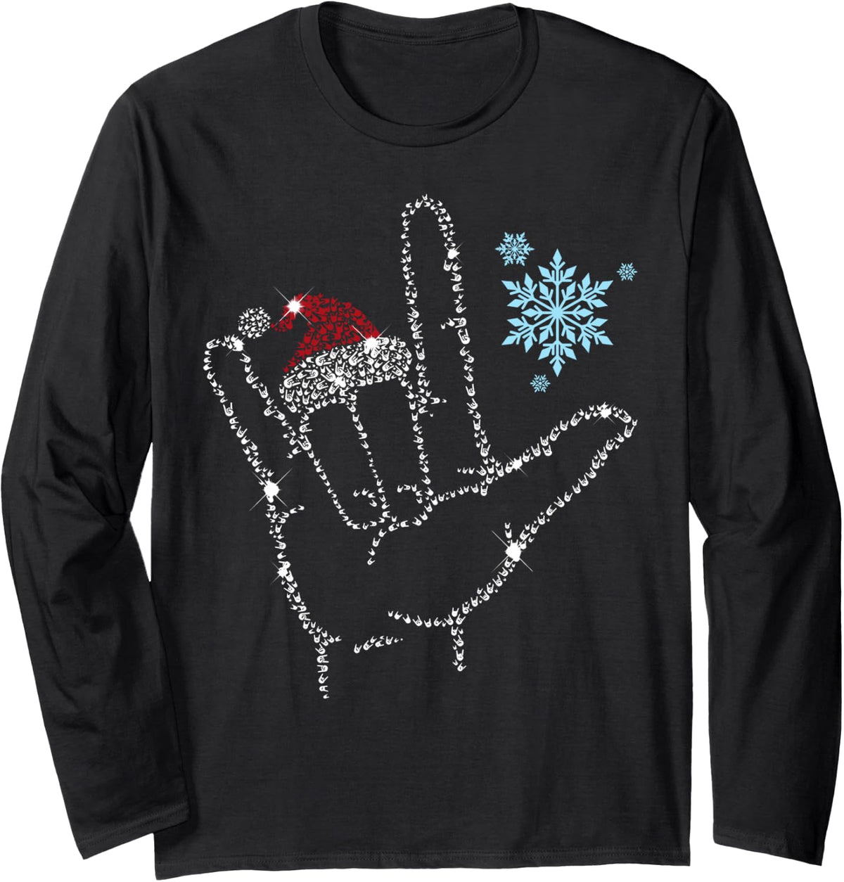 Merry Christmas Sign Language ASL Santa Hat Snowflake Long Sleeve T-Shirt - Adult Unisex Black
