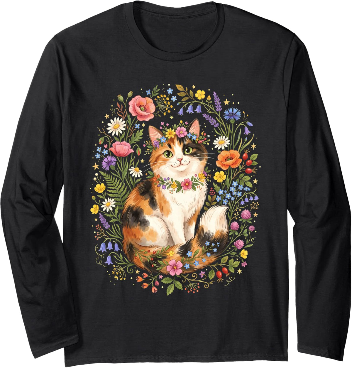 Calico Cat Wildflowers Long Sleeve T-Shirt - Adult Unisex Black