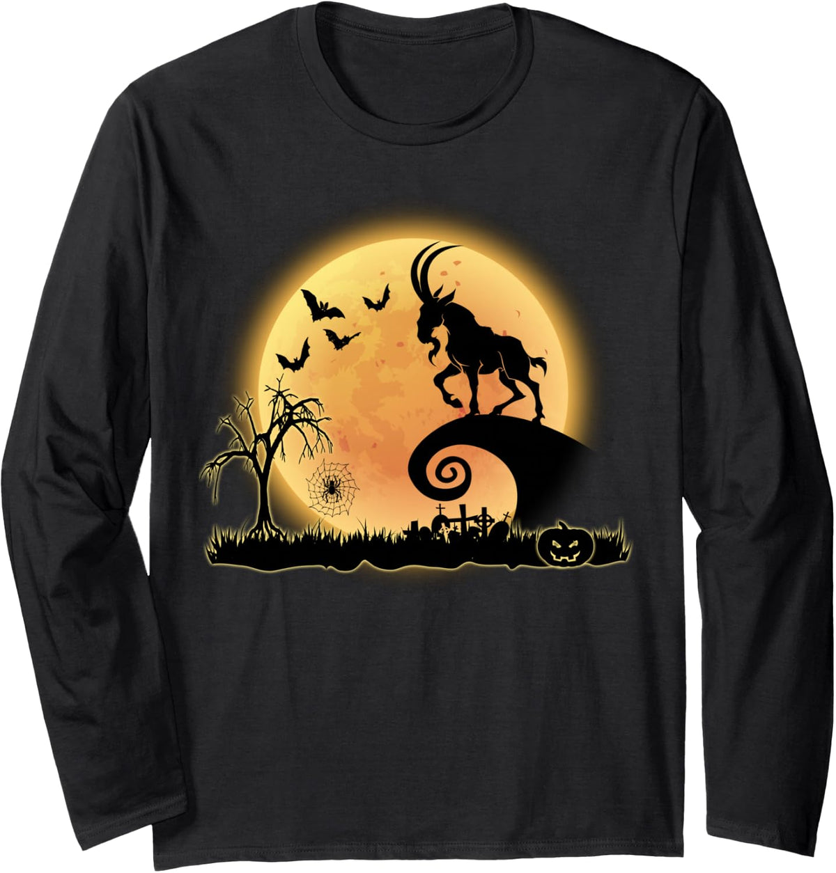 Goat and Moon Scary Funny Halloween Costume Long Sleeve T-Shirt - Adult Unisex Black